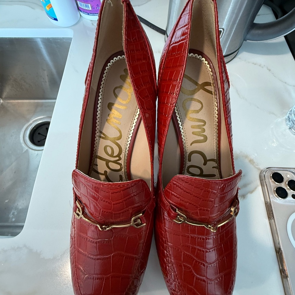 Sam Edelman Red Leather Loafers with Horsebit Detail